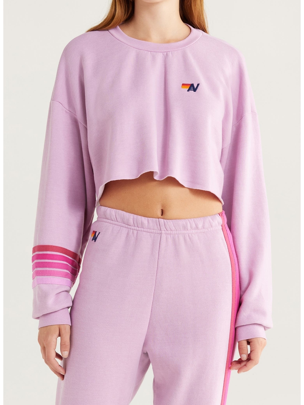 Aviator Nation Rugby Stitch Crop Sweatshirt In Mauve Size Small